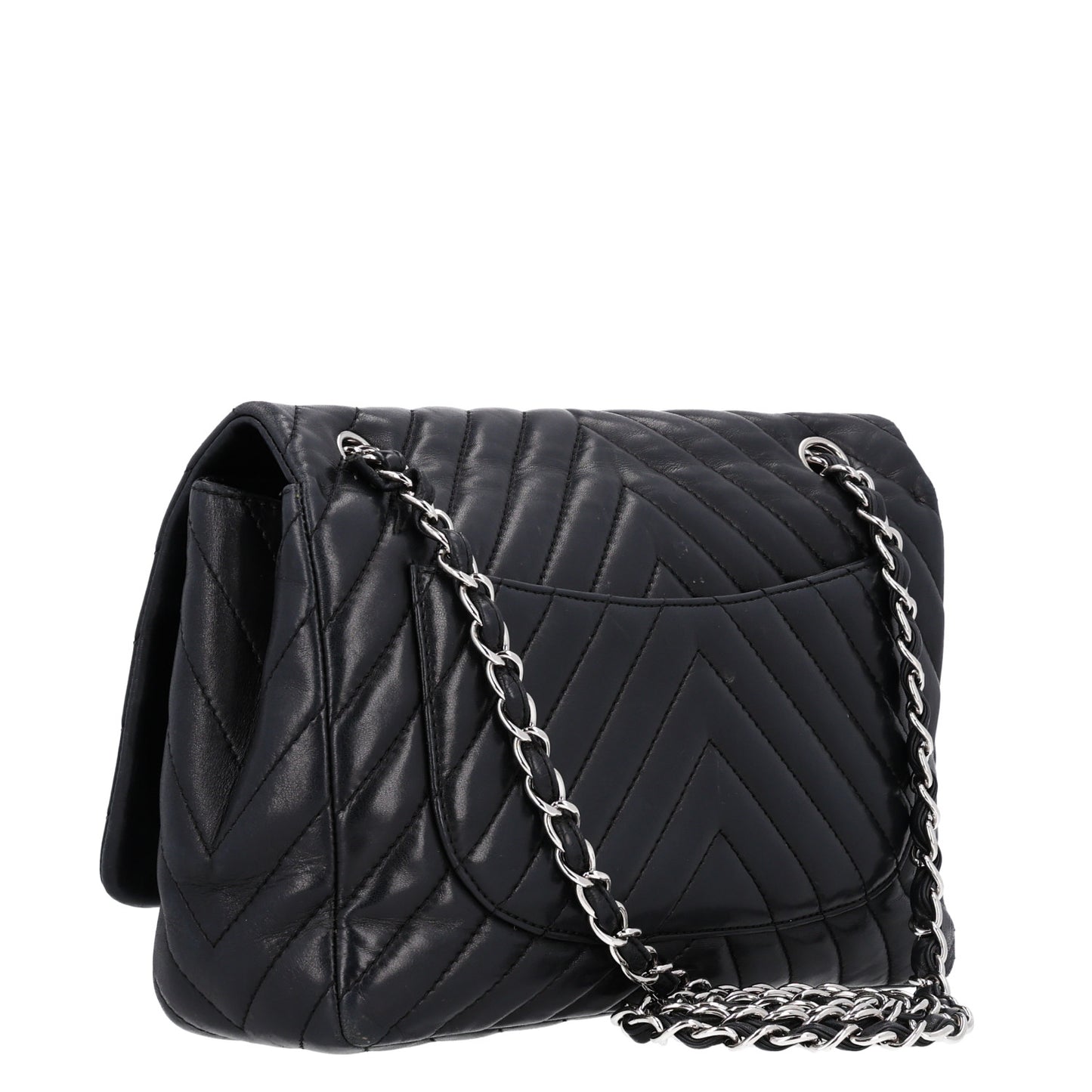 Lambskin Chevron Quilted Jumbo Single Flap Black