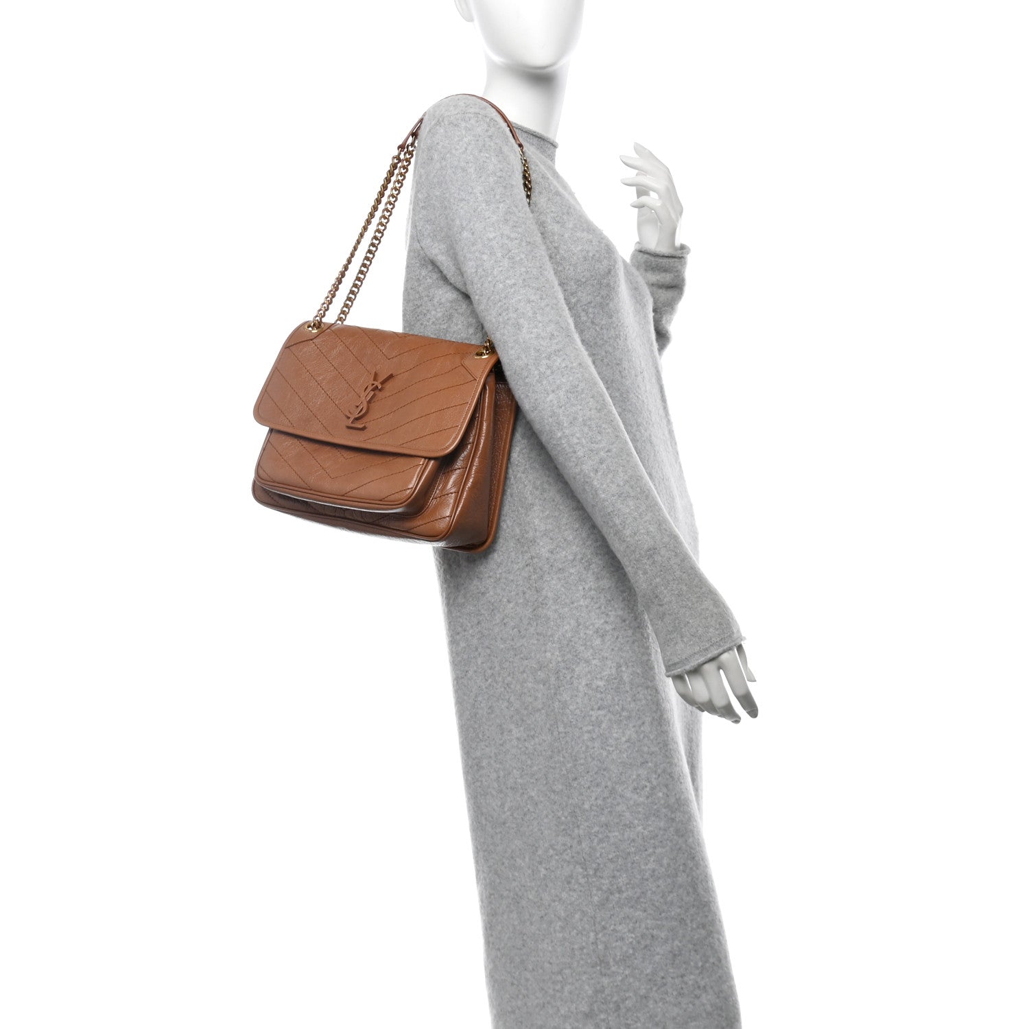 Saint Laurent Crinkled Calfskin Matelasse Monogram Medium Niki Chain Satchel Light Burnt 2 of 11