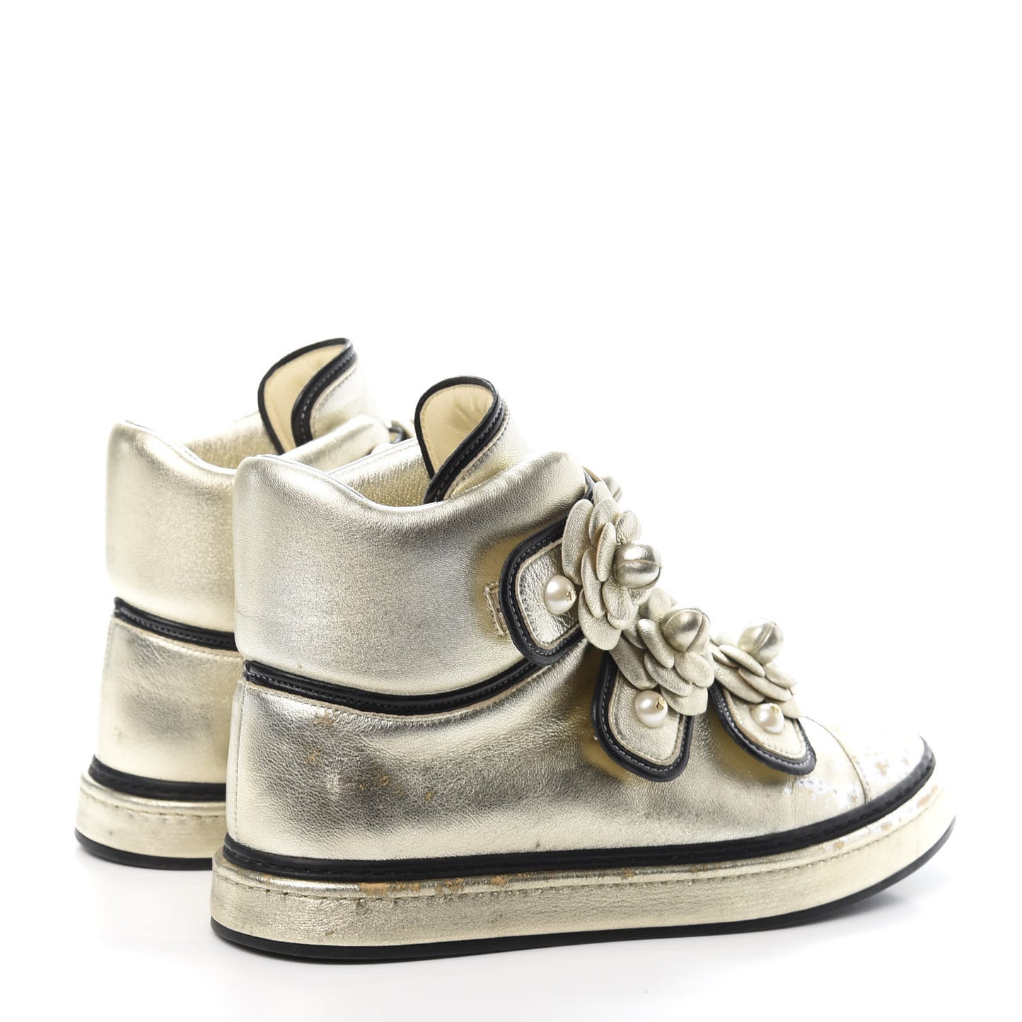 Metallic Lambskin Camellia High Top Sneakers 39 Gold