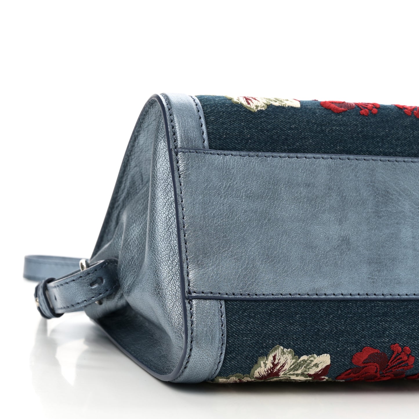 Denim Floral Embroidered Small Skull Padlock Zip Around Tote Blue Multicolor