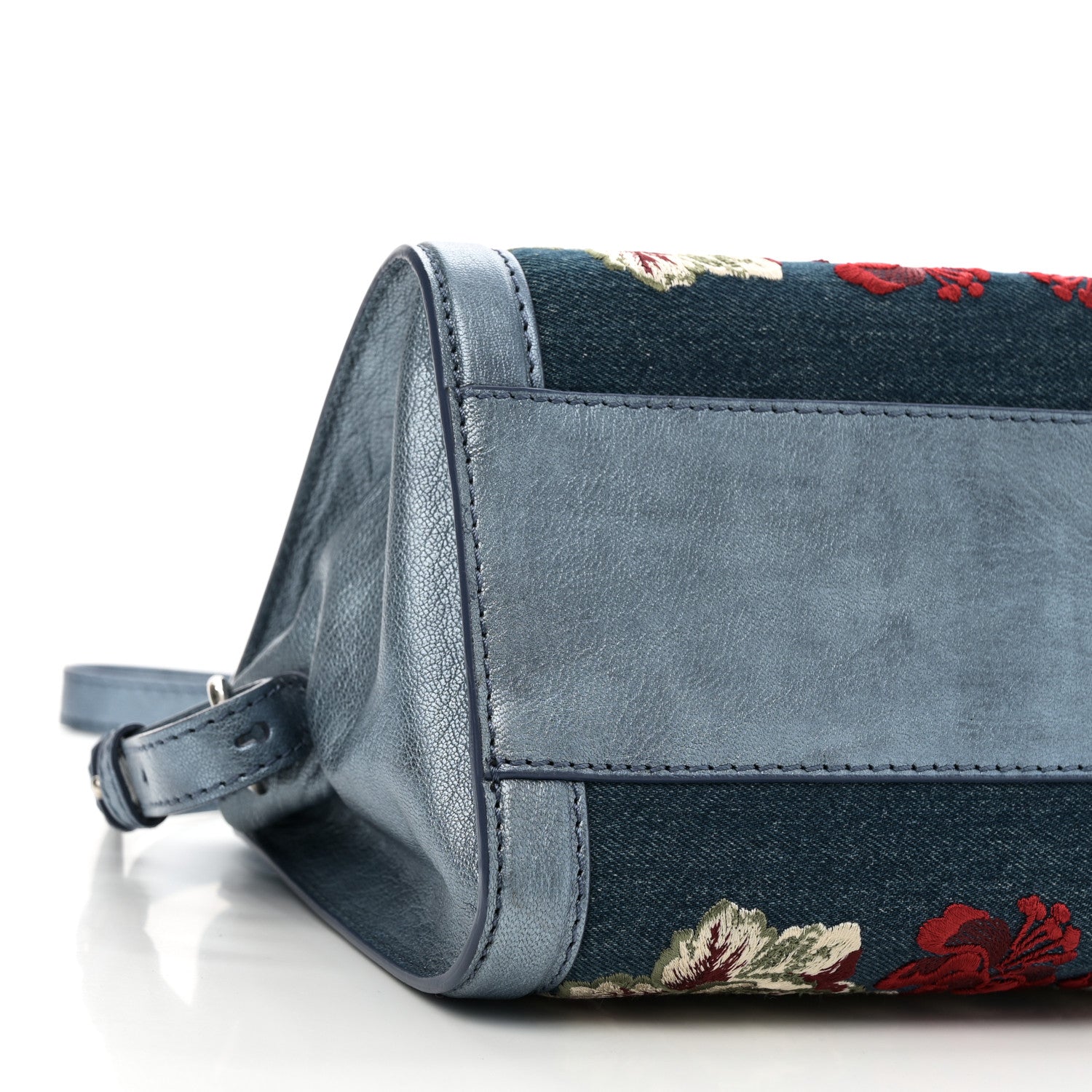 Alexander McQueen Denim Floral Embroidered Small Skull Padlock Zip Around Tote Blue Multicolor 9 of 10