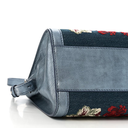 Alexander McQueen Denim Floral Embroidered Small Skull Padlock Zip Around Tote Blue Multicolor 9 of 10