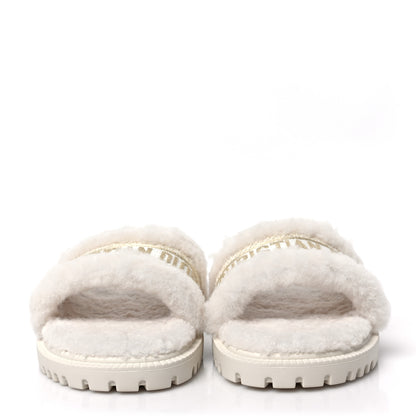 Christian Dior Shearling Canvas Lurex Embroidered Dway 10mm Slide Sandals 38.5 Natural Platinum 2 of 7