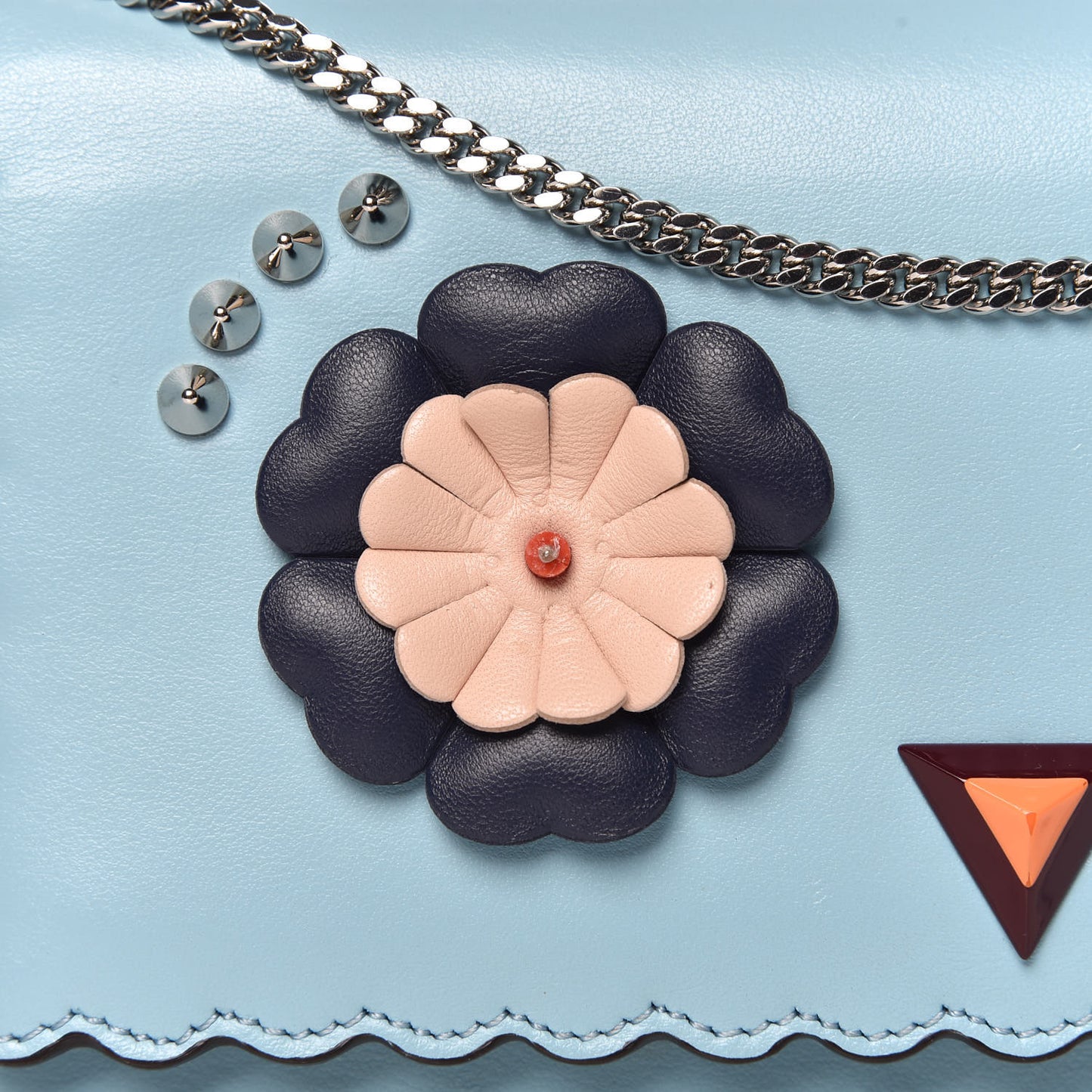 Vitello Century Lucido Nappa Hypnoteyes Scalloped Studded Tube Wallet on Chain Turchese Pallido Blueberry Multicolor