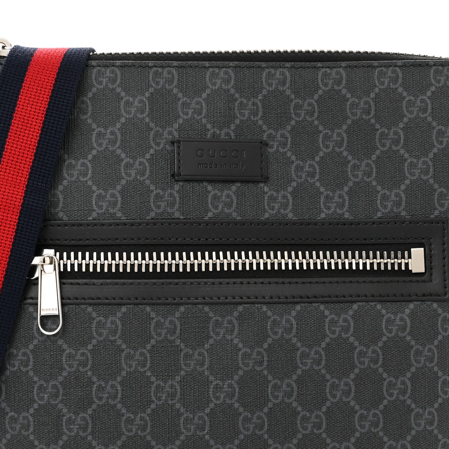 GG Supreme Monogram Appia Calfskin Web Flat Messenger Bag Black Grey
