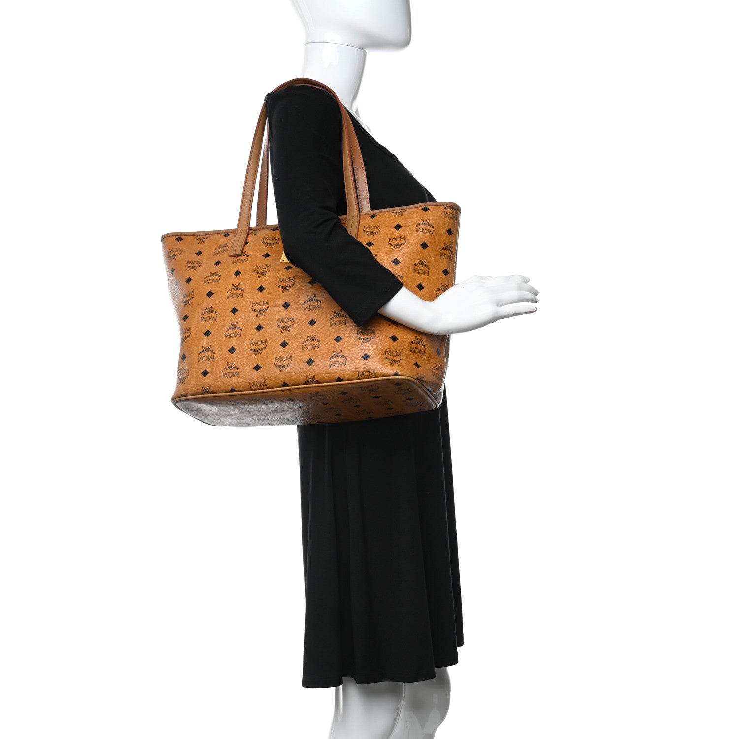 MCM Visetos Medium Anya Top Zip Shopper Tote Cognac 1 of 13