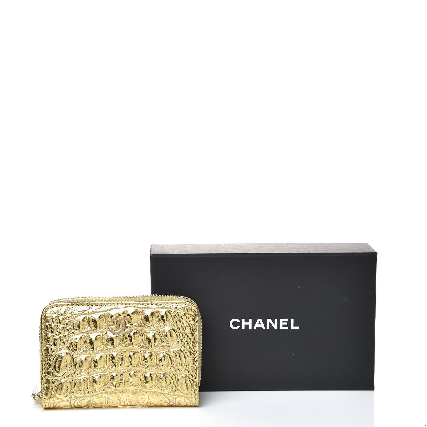 Metallic Calfskin Crocodile Embossed Cocodile Zip Coin Case Gold