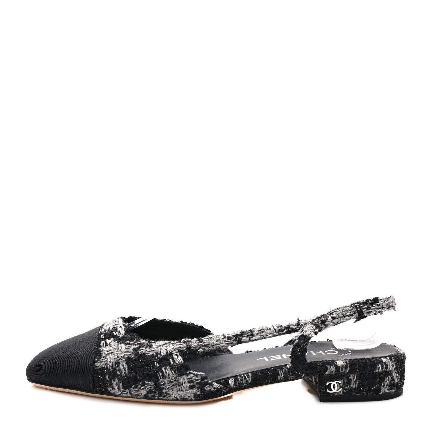Tweed Grosgrain Toe CC Slingback Flat 38 Black Grey