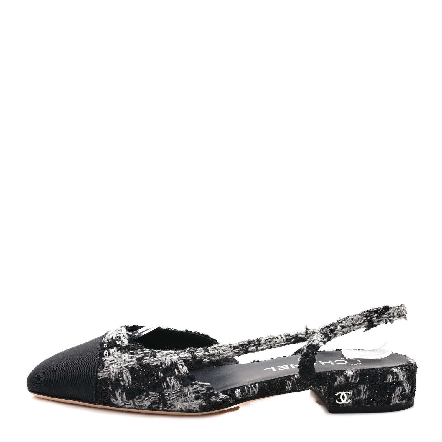 Chanel Tweed Grosgrain Toe CC Slingback Flat 38 Black Grey 1 of 8
