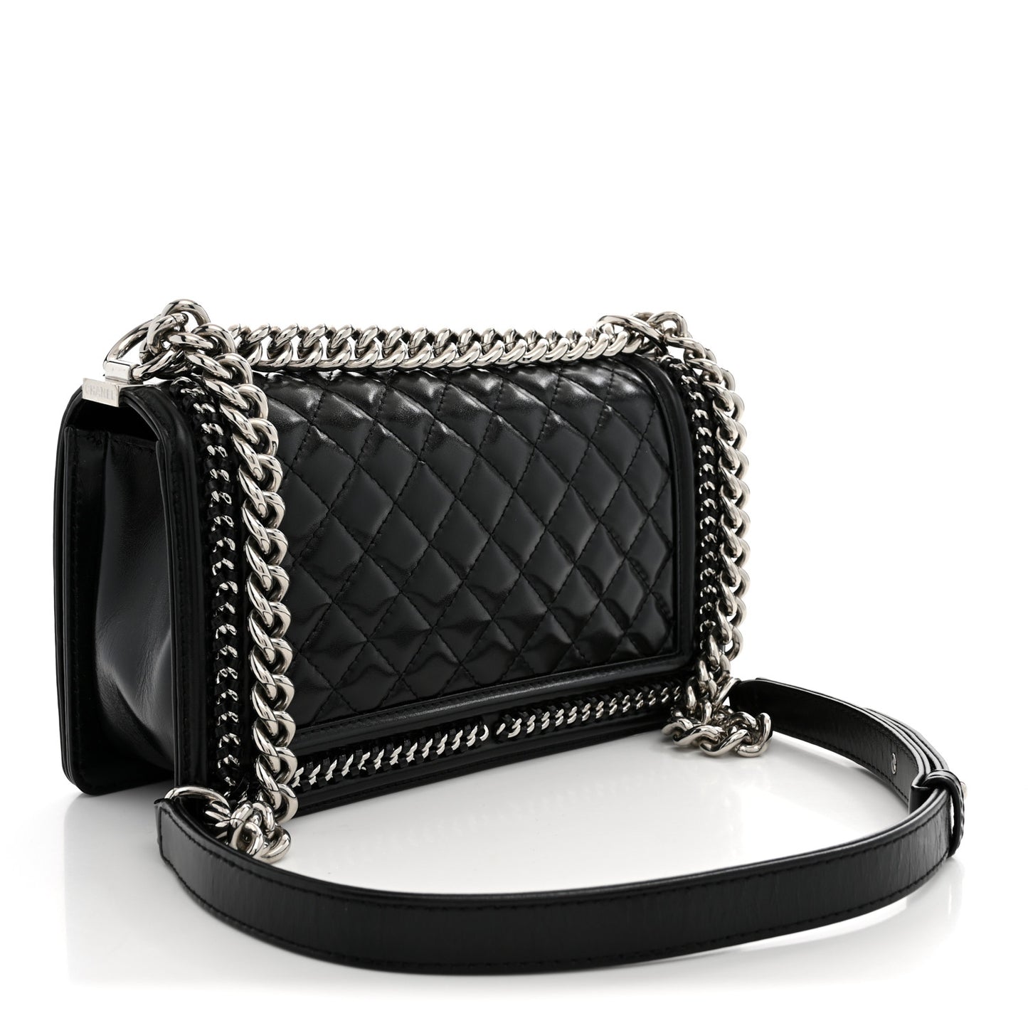 Glazed Calfskin Quilted Medium Chain Around Boy Flap Black