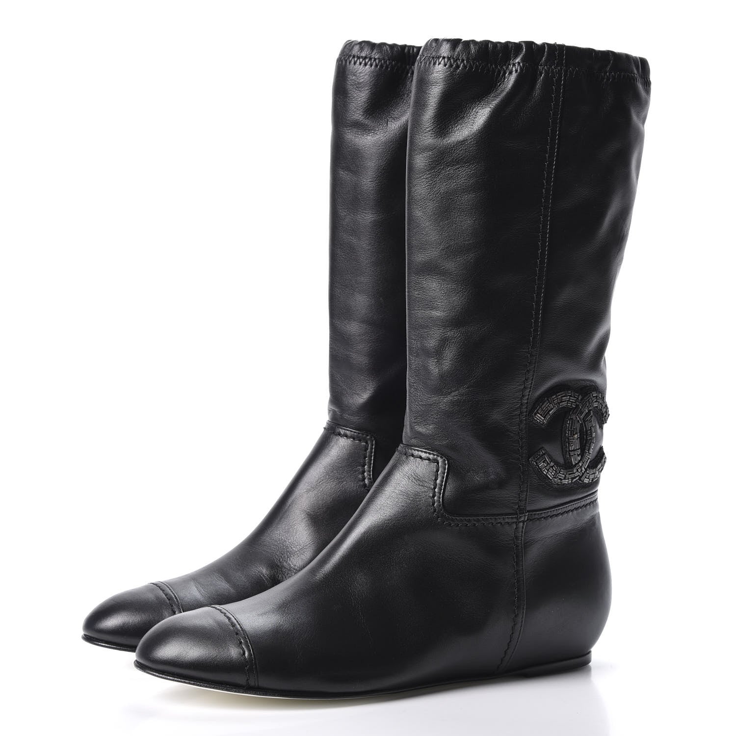 Chanel Lambskin Beaded CC Boots 37.5 Black 2 of 8