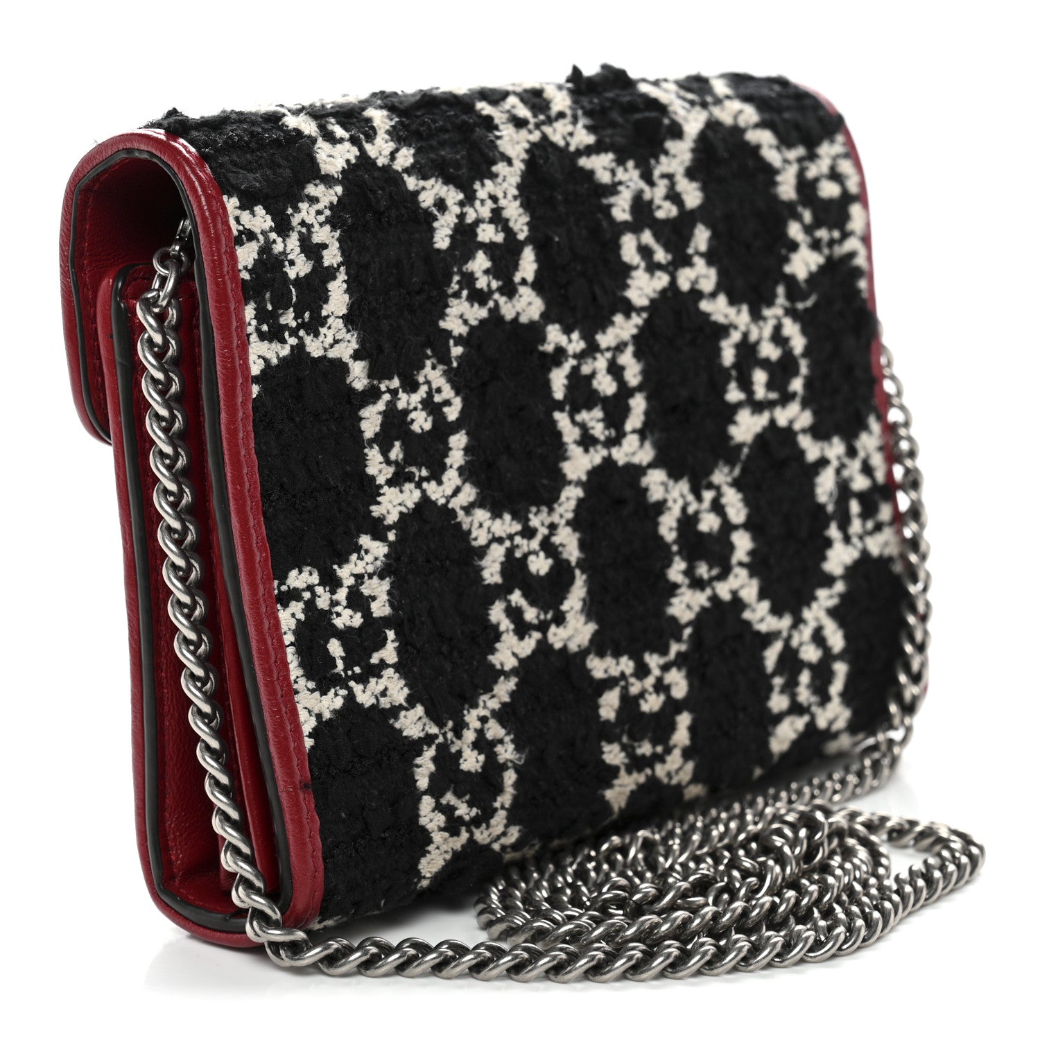 Gucci Tweed GG Monogram Mini Dionysus Chain Wallet Black White Romantic Cherry 2 of 11