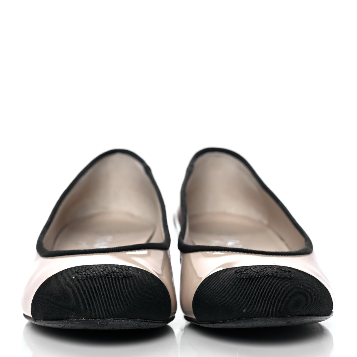 Chanel Patent Grosgrain Cap Toe Logo Flats 36 Beige Black 2 of 10