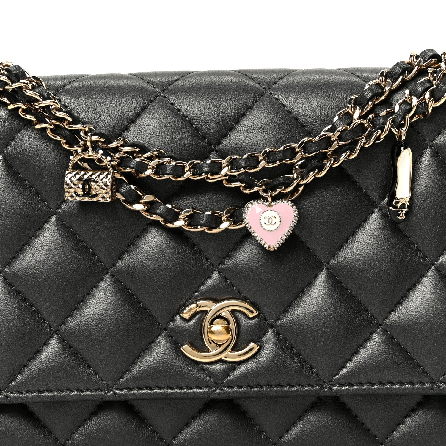 Chanel Pearly Lambskin Quilted Charms Wallet On Chain WOC Black 9 of 11