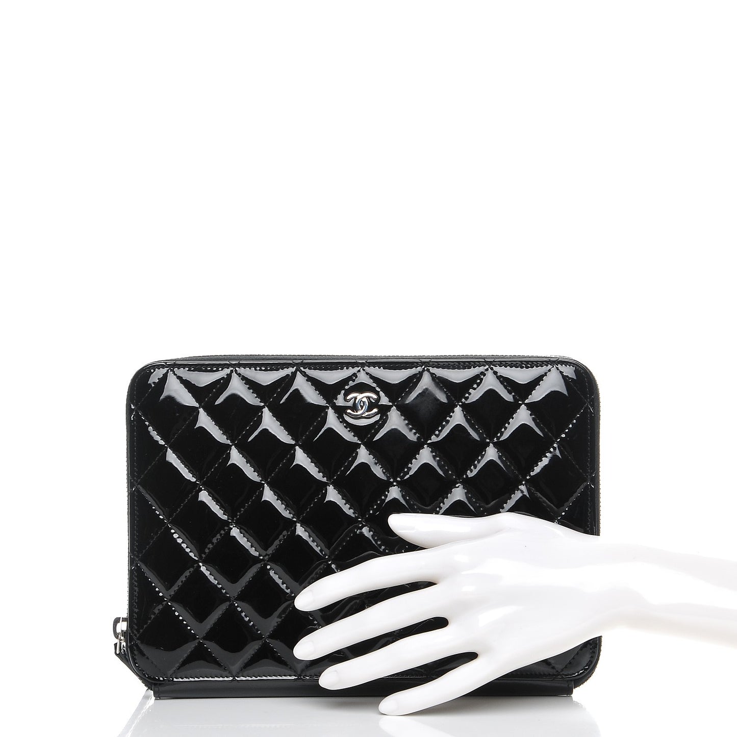 Patent Calfskin Quilted Zipped Clutch Black