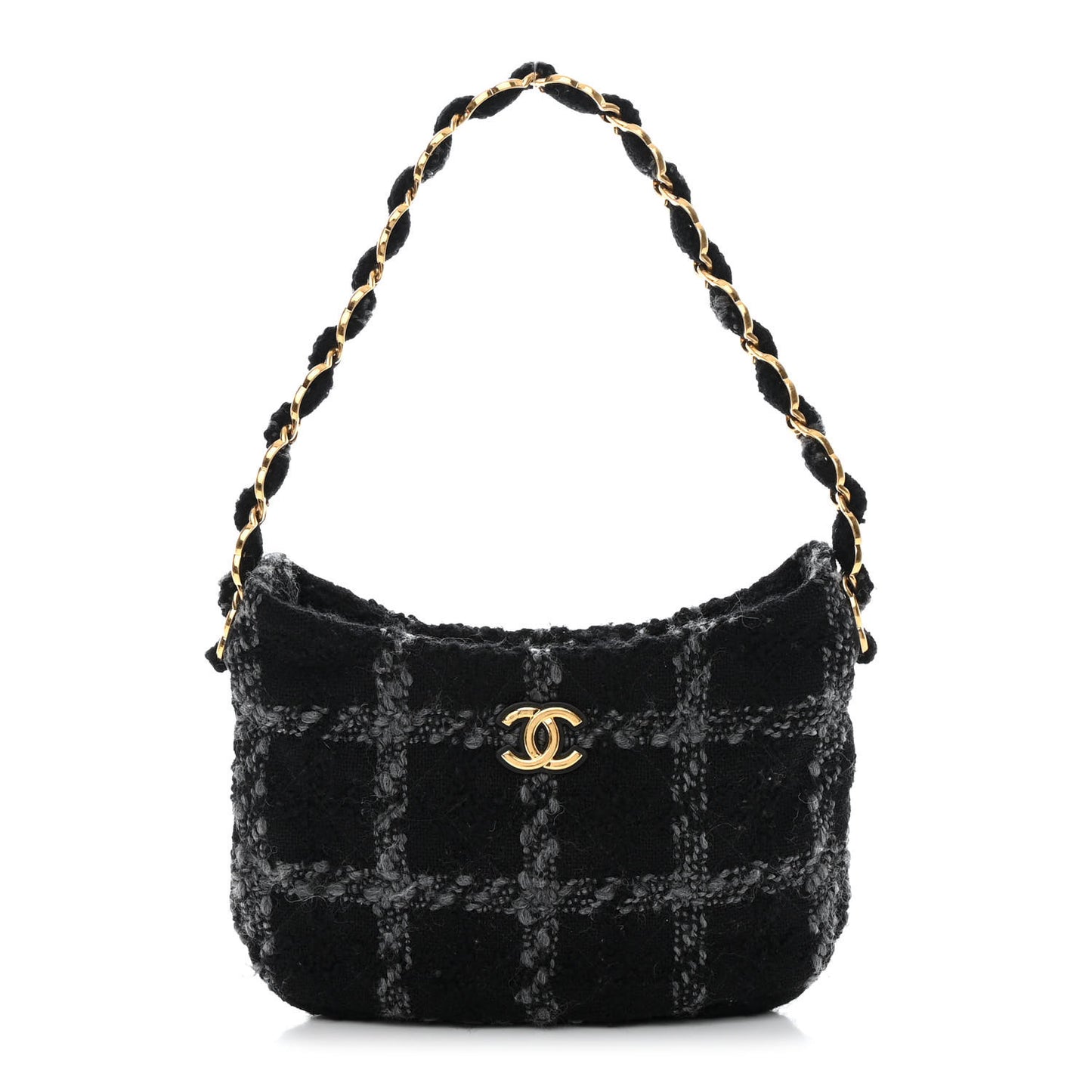 Cashmere Tweed Quilted CC Links Hobo Black Grey