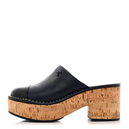 Chanel Calfskin Cork Cap Toe Platform Mules 37.5 Navy Black 1 of 10