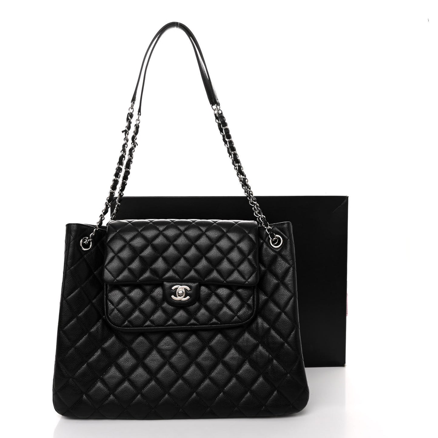 Caviar Quilted Flap Tote Black