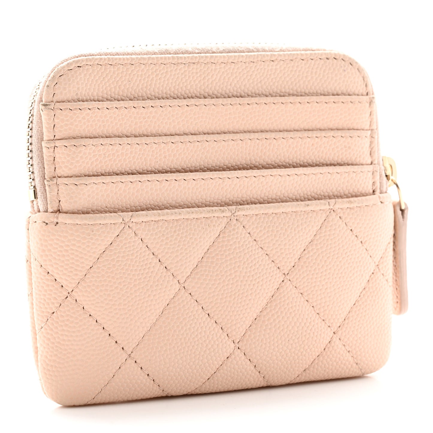 Caviar Quilted Zip Card Holder Wallet Light Beige