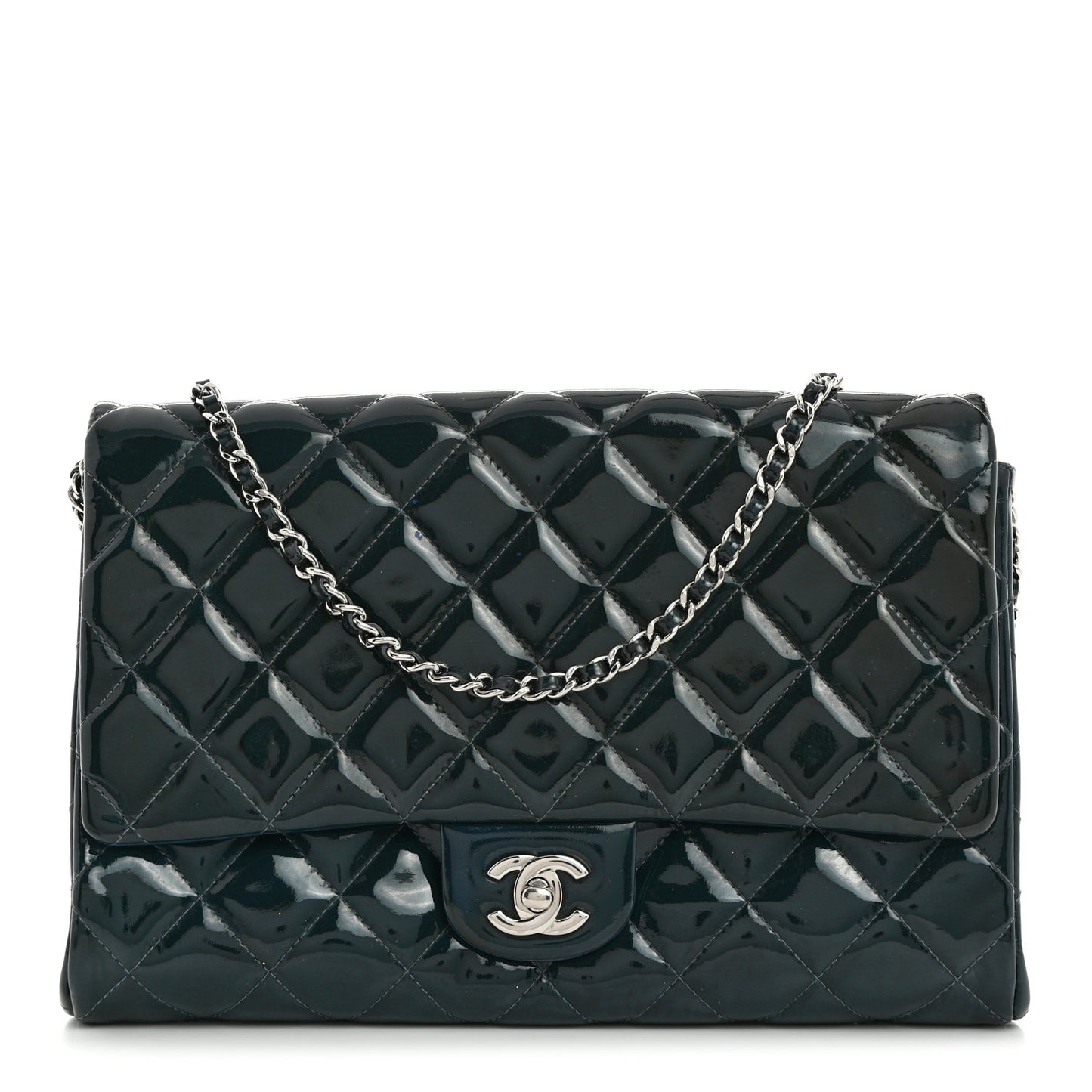 Patent Quilted Clutch with Chain Flap Blue