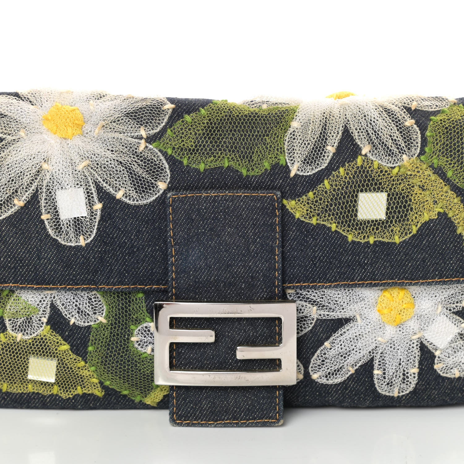 Fendi Denim Flower Applique Baguette Blue 7 of 9