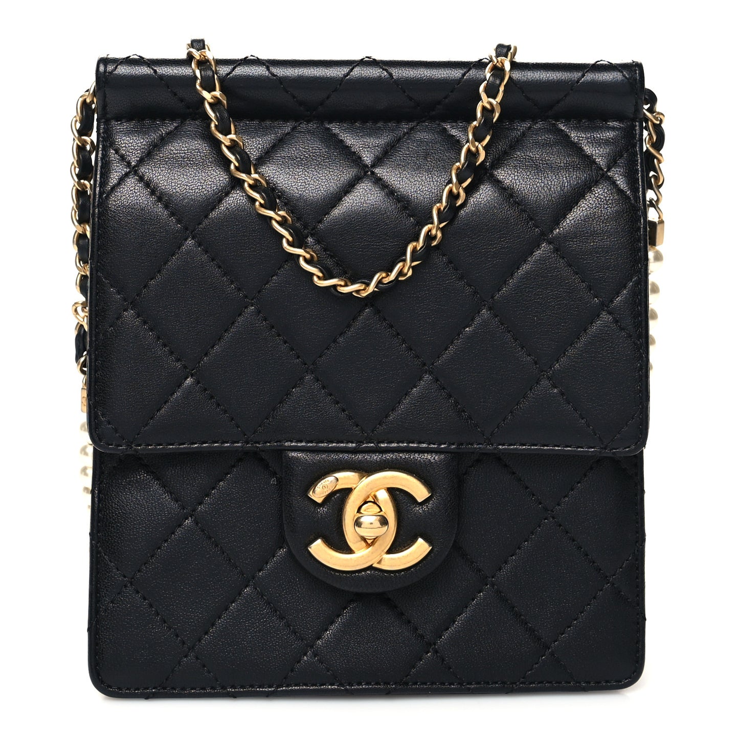 Goatskin Quilted Chic Pearls Flap Black