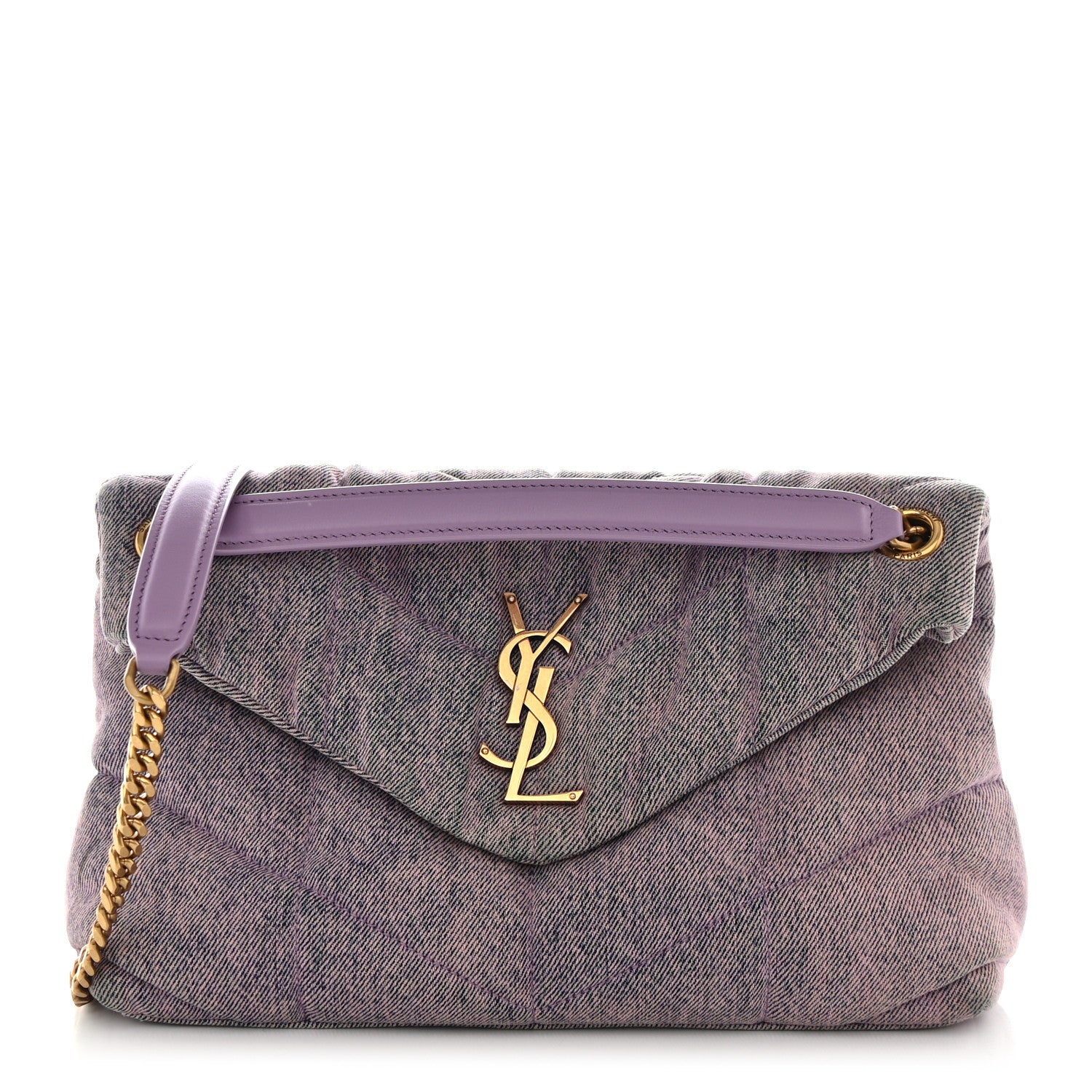 Saint Laurent Denim Quilted Small Loulou Puffer Monogram Chain Satchel Bleached Lilac 1 of 10