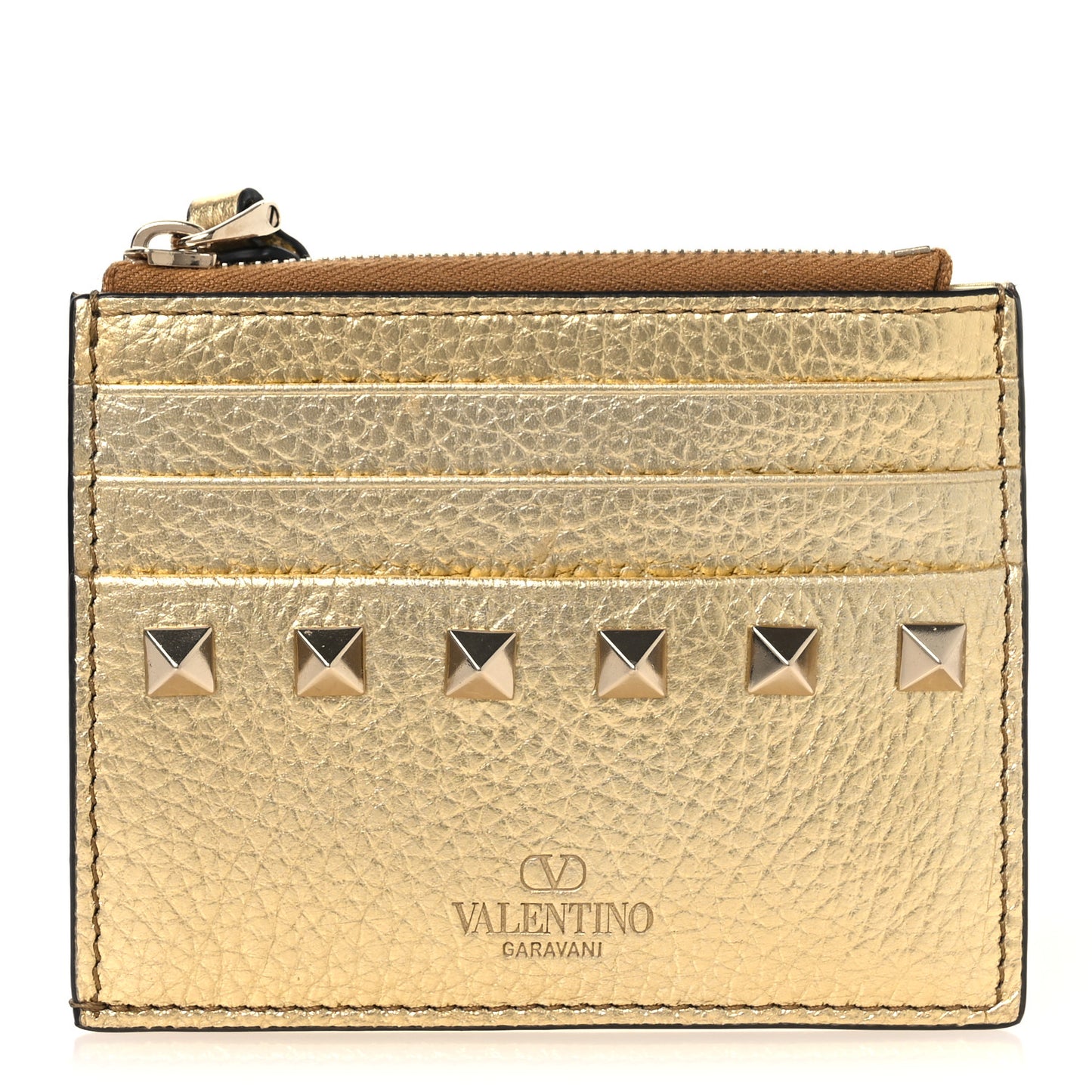 Metallic Pebbled Calfskin Rockstud Card Holder With Zipper Gold