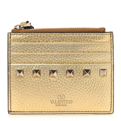 Valentino Garavani Metallic Pebbled Calfskin Rockstud Card Holder With Zipper Gold 1 of 16
