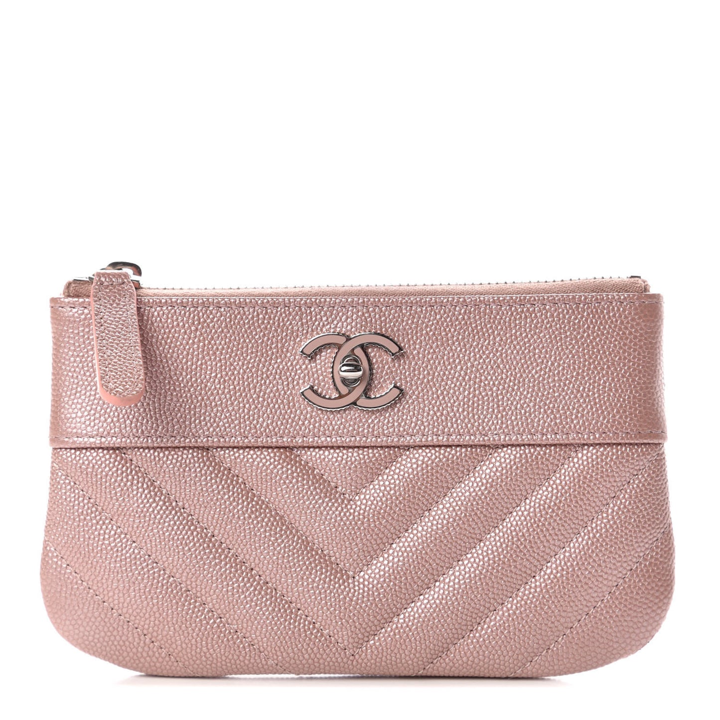 Metallic Caviar Chevron Quilted Small Vintage Mademoiselle Cosmetic Case Pink