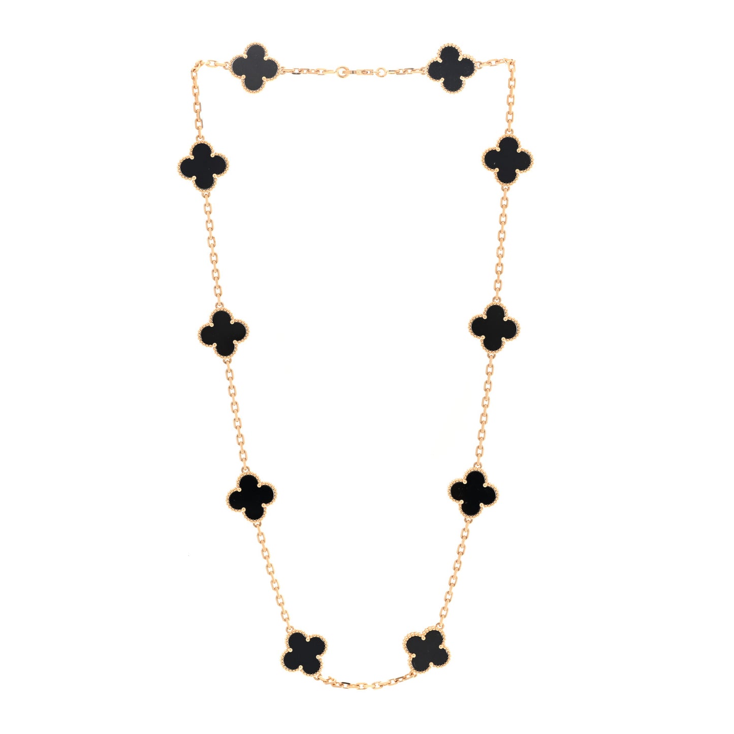 18K Yellow Gold Black Onyx 10 Motifs Vintage Alhambra Necklace