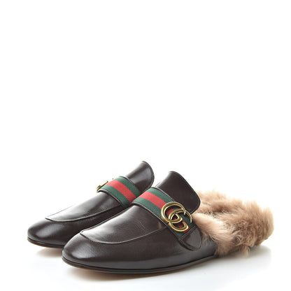 Gucci Goatskin Fur Web GG Mens Princetown Slippers 8 Cocoa 3 of 8