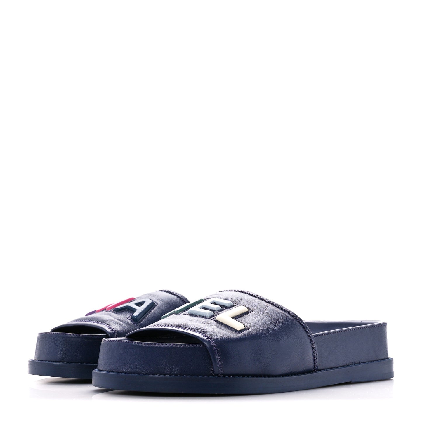 Lambskin Cha-Nel Mule Sandals 38 Navy Multicolor
