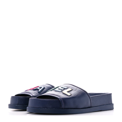 Chanel Lambskin Cha-Nel Mule Sandals 38 Navy Multicolor 3 of 8
