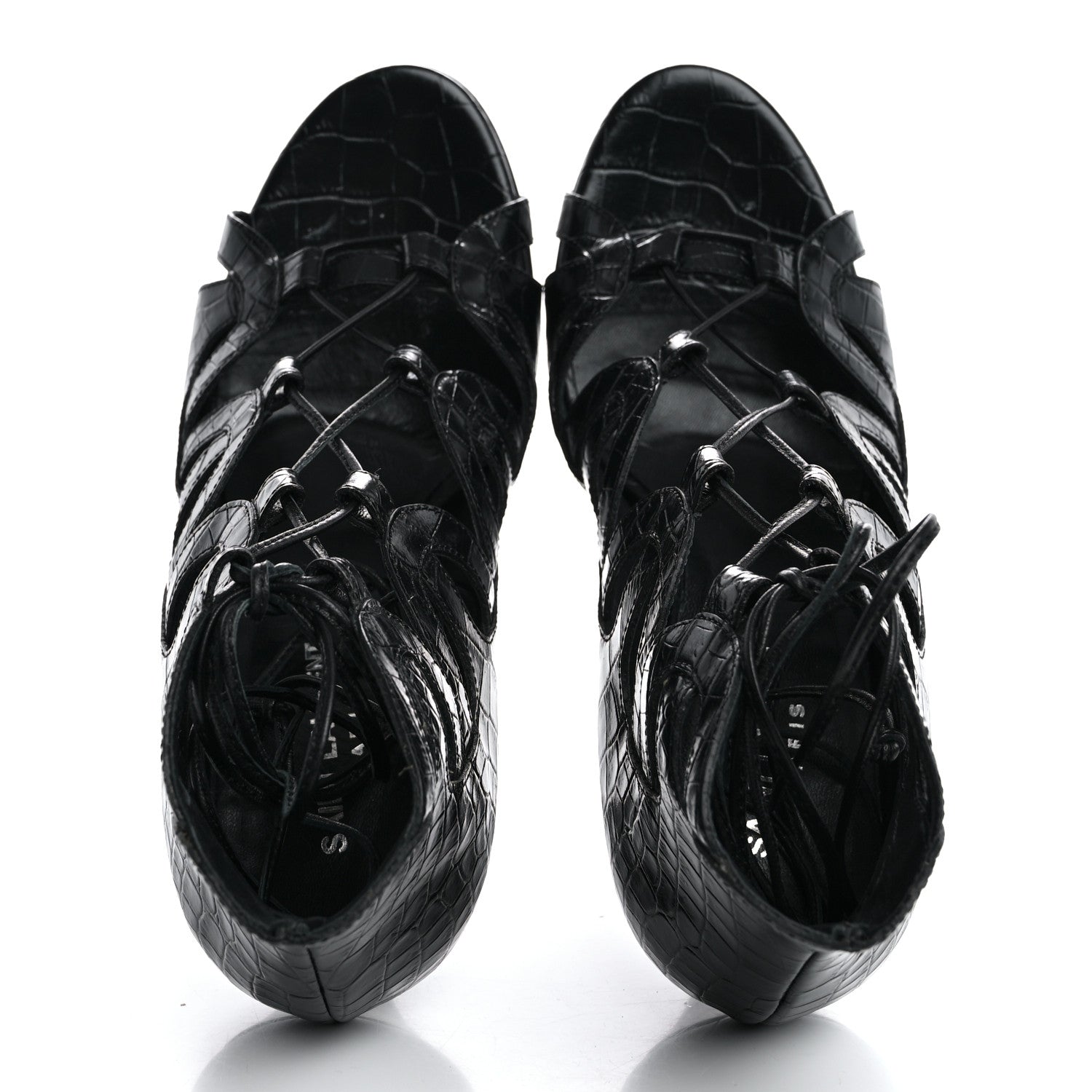 Saint Laurent Calfskin Crocodile Embossed Tribute 16 Lace Up Platform Sandals 40 Black 2 of 10