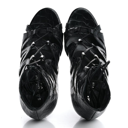 Saint Laurent Calfskin Crocodile Embossed Tribute 16 Lace Up Platform Sandals 40 Black 2 of 10