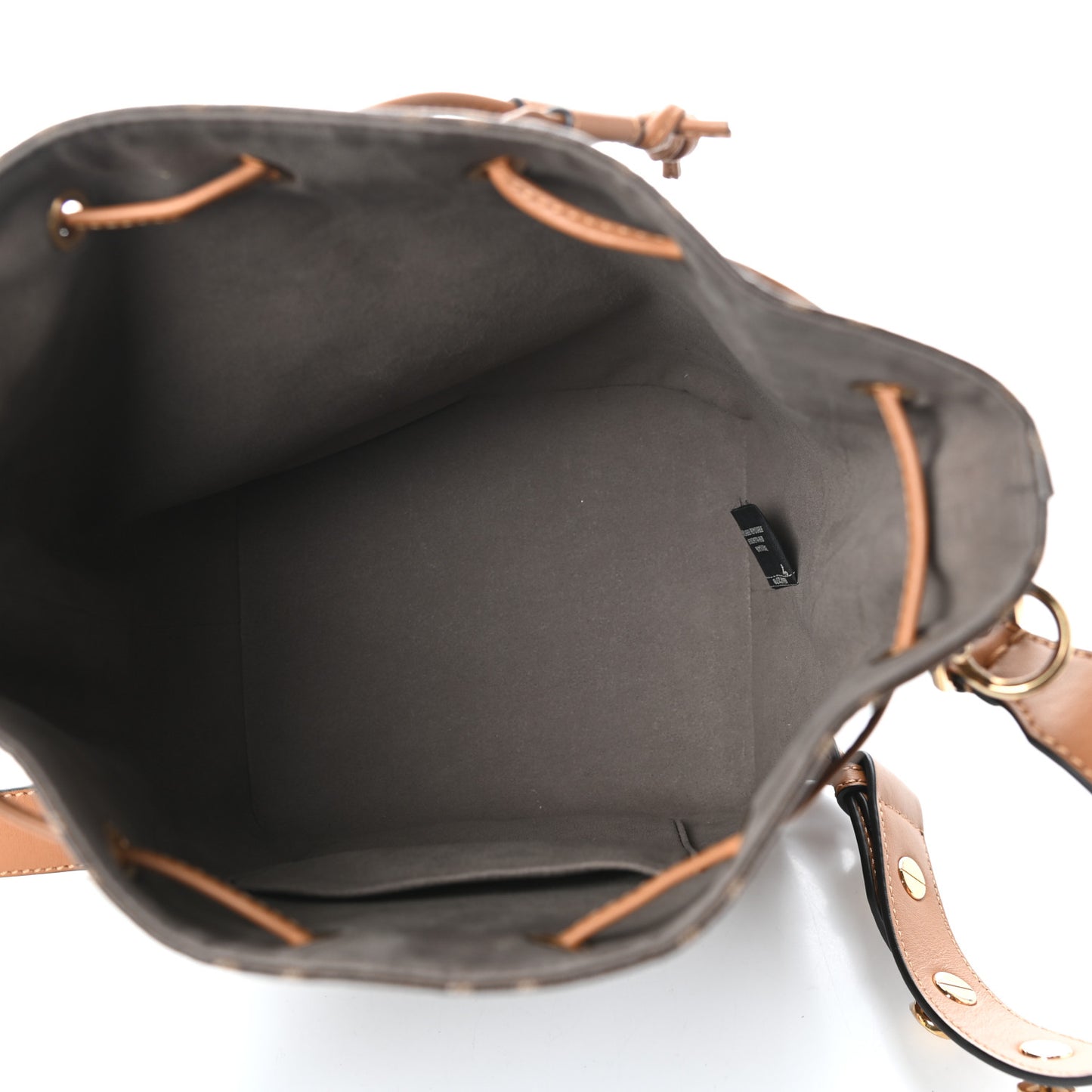 Glazed Fabric Vitello Grace F is Fendi FF 1974 Stamp Patch Grande Mon Tresor Bucket Bag Mogano Panna Nocciola