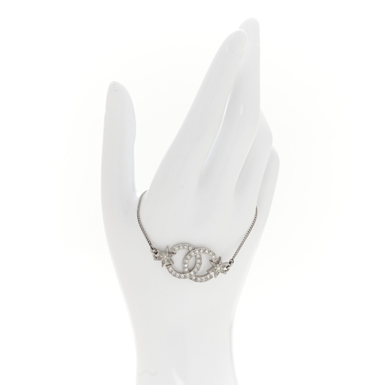 Chanel Metal Pearl Crystal Baguette CC Star Bracelet Silver 5 of 8