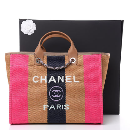 Chanel Straw Raffia Calfskin Striped Large Deauville Tote Dark Beige Fuchsia Navy Blue 10 of 10