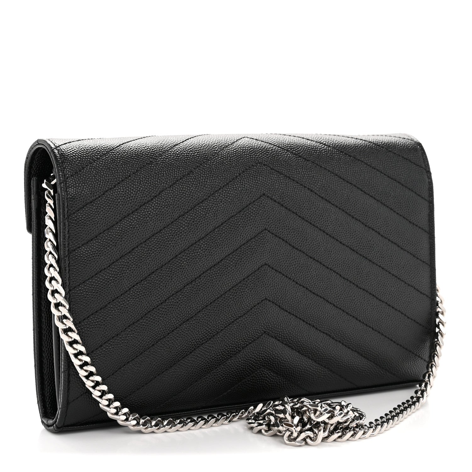 Saint Laurent Grain De Poudre Matelasse Chevron Monogram Chain Wallet Black 3 of 12