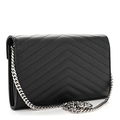 Saint Laurent Grain De Poudre Matelasse Chevron Monogram Chain Wallet Black 3 of 12
