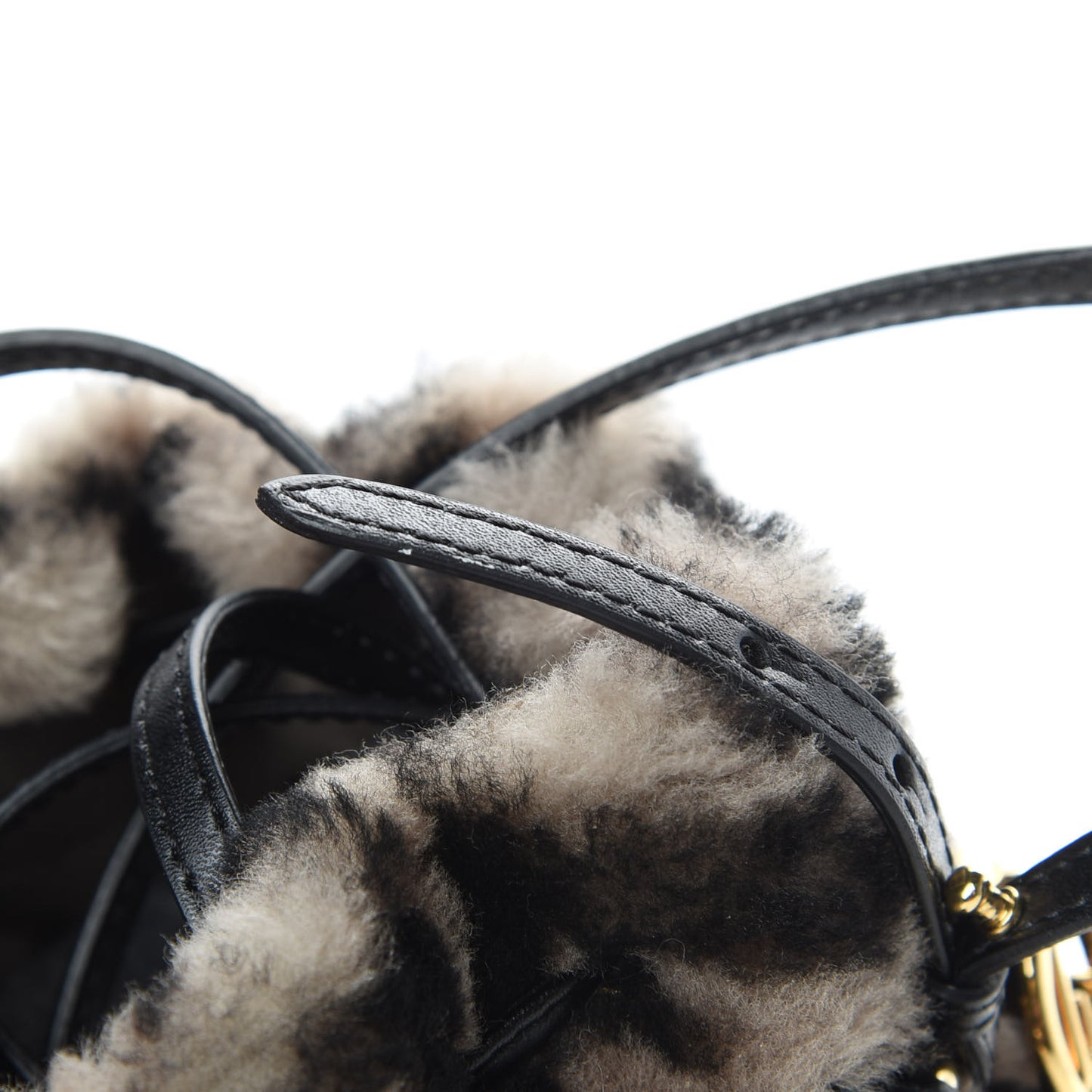 Shearling F is Fendi Macro FF 1974 Diagonal Mini Mon Tresor Bucket Bag Dove Black