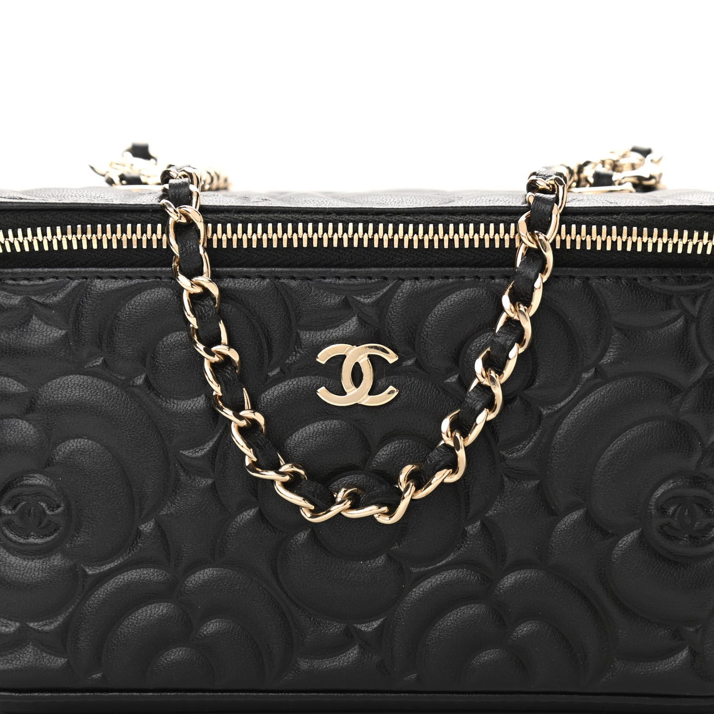 Lambskin Camellia Embossed Small Vanity Case With Chain Black