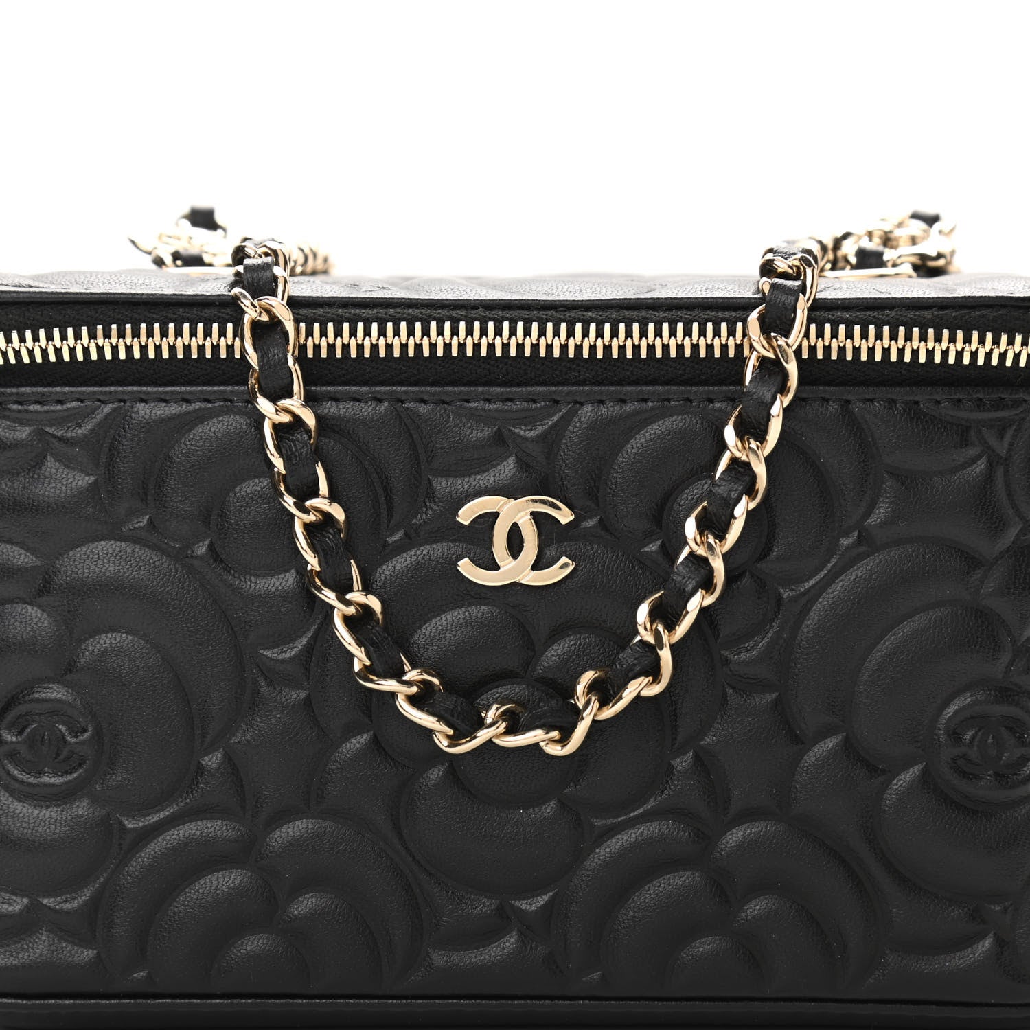 Chanel Lambskin Camellia Embossed Small Vanity Case With Chain Black 8 of 11