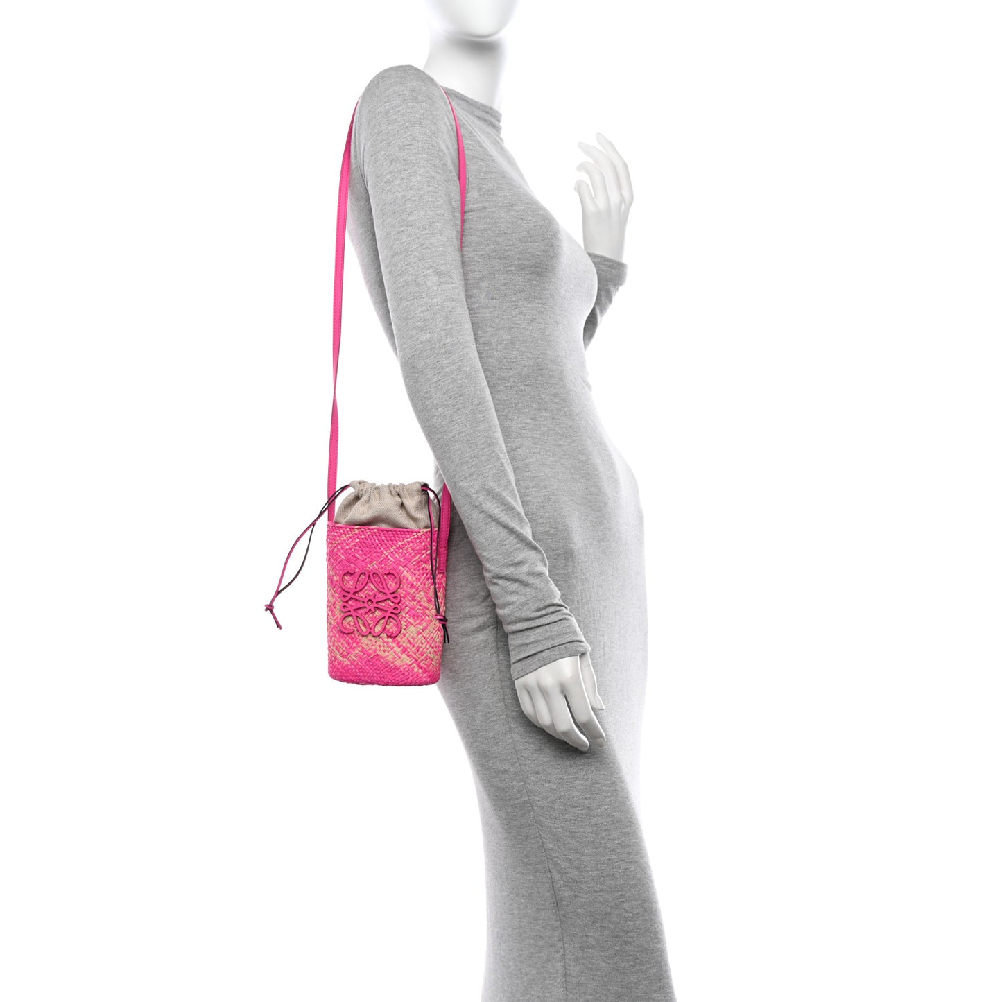 Iraca Palm Calfskin Anagram Square Pocket Bucket Bag Natural Fuchsia