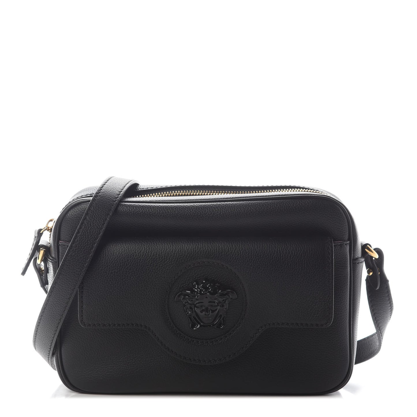 Grained Calfskin Medusa Camera Bag Black