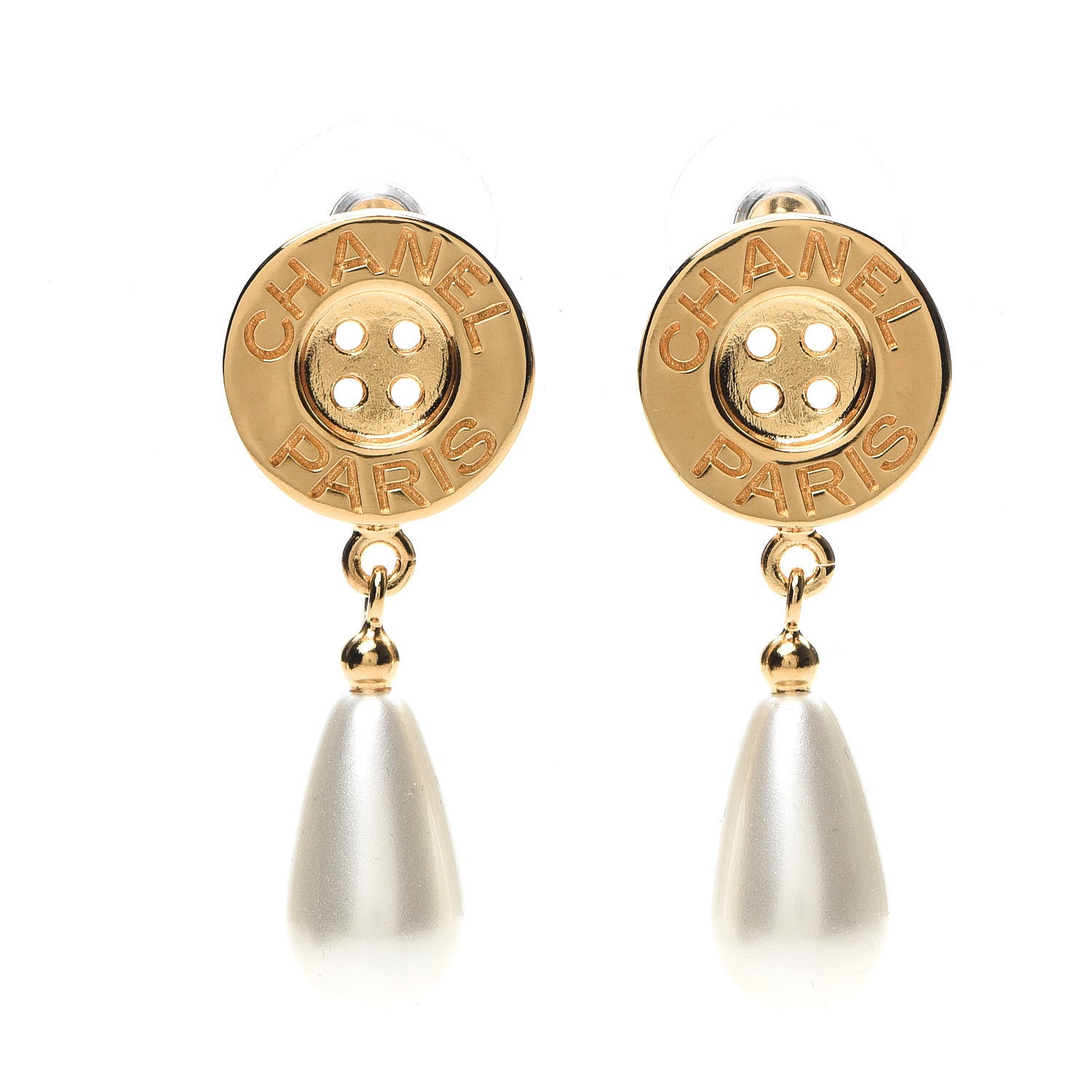 Chanel Metal Pearl Paris Button Drop Earrings Gold 1 of 5