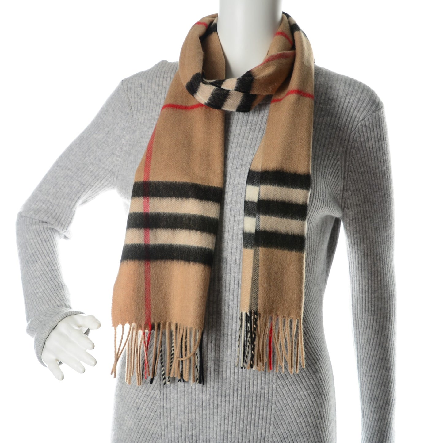 Cashmere Giant Heritage Check Fringe Scarf Camel