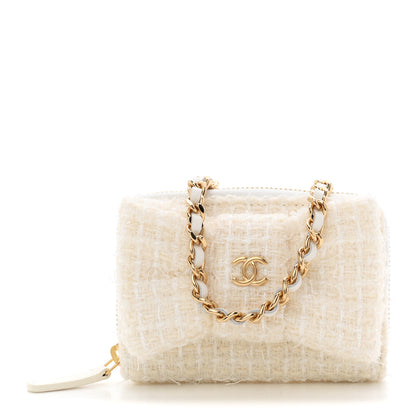 Chanel Tweed Quilted Bow Flap Card Holder On Chain White 1 of 10
