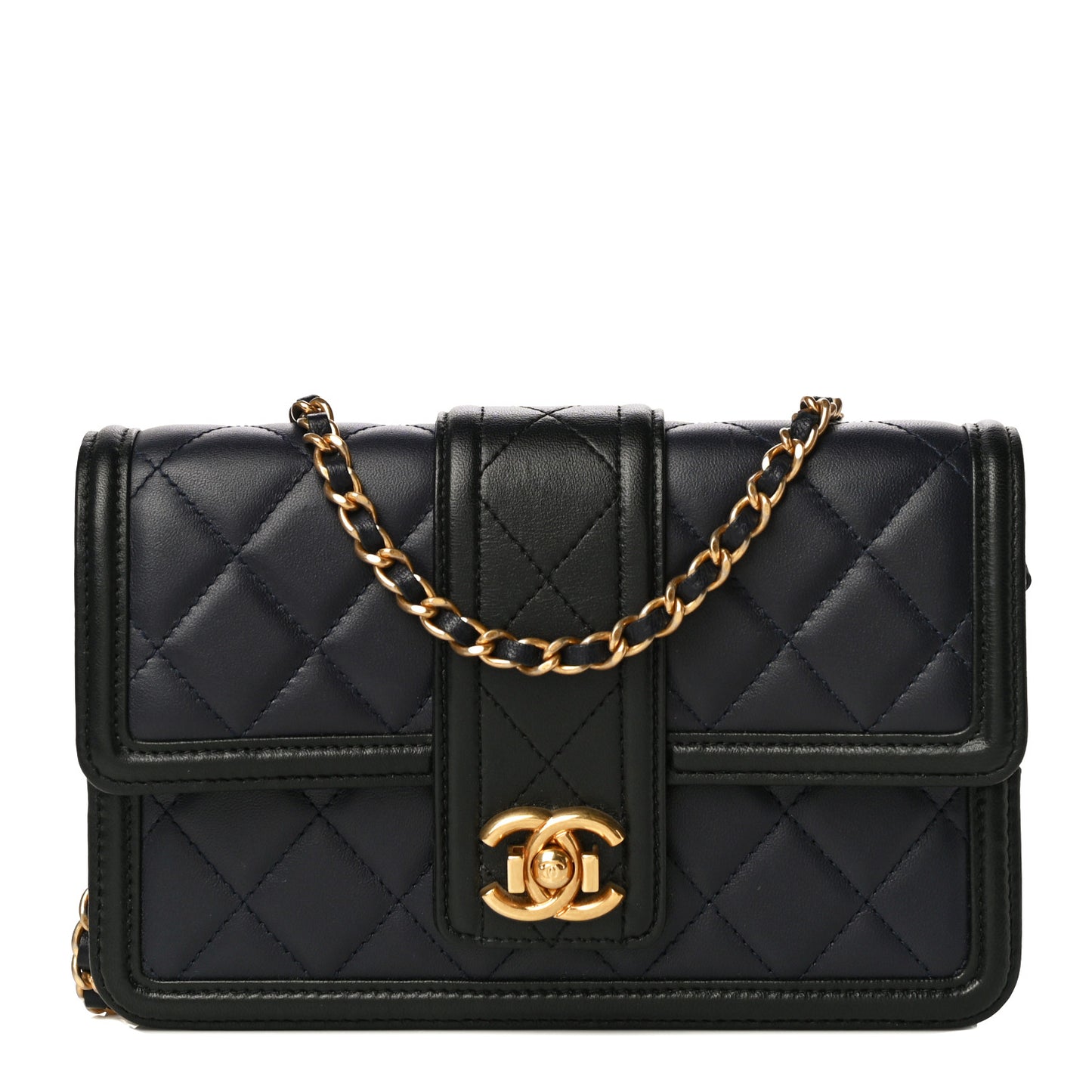 Lambskin Quilted Elegant CC Wallet On Chain WOC Navy Black